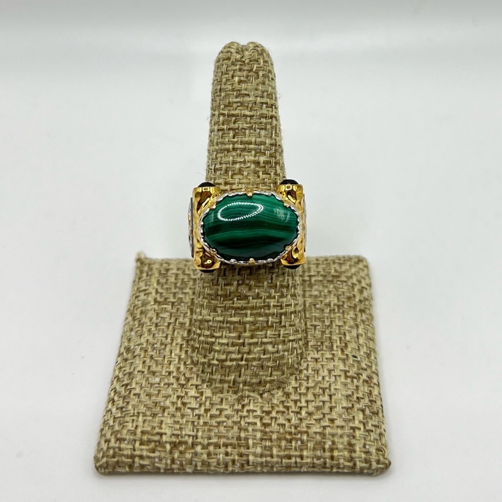 Gems en Vogue Malachite & Onyx Ring Sz 7.75 Sterling Silver/18K Gold